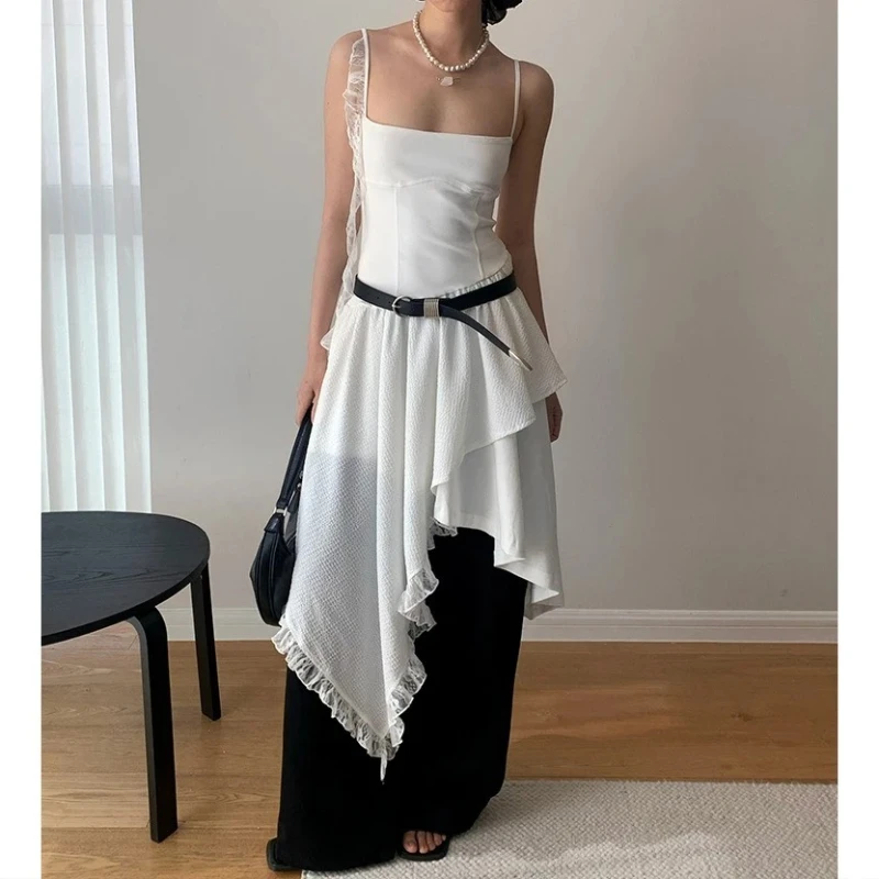 

New Product Lace Splicing High Grade Irregular Strap Skirt Slimming and Slimming Dress