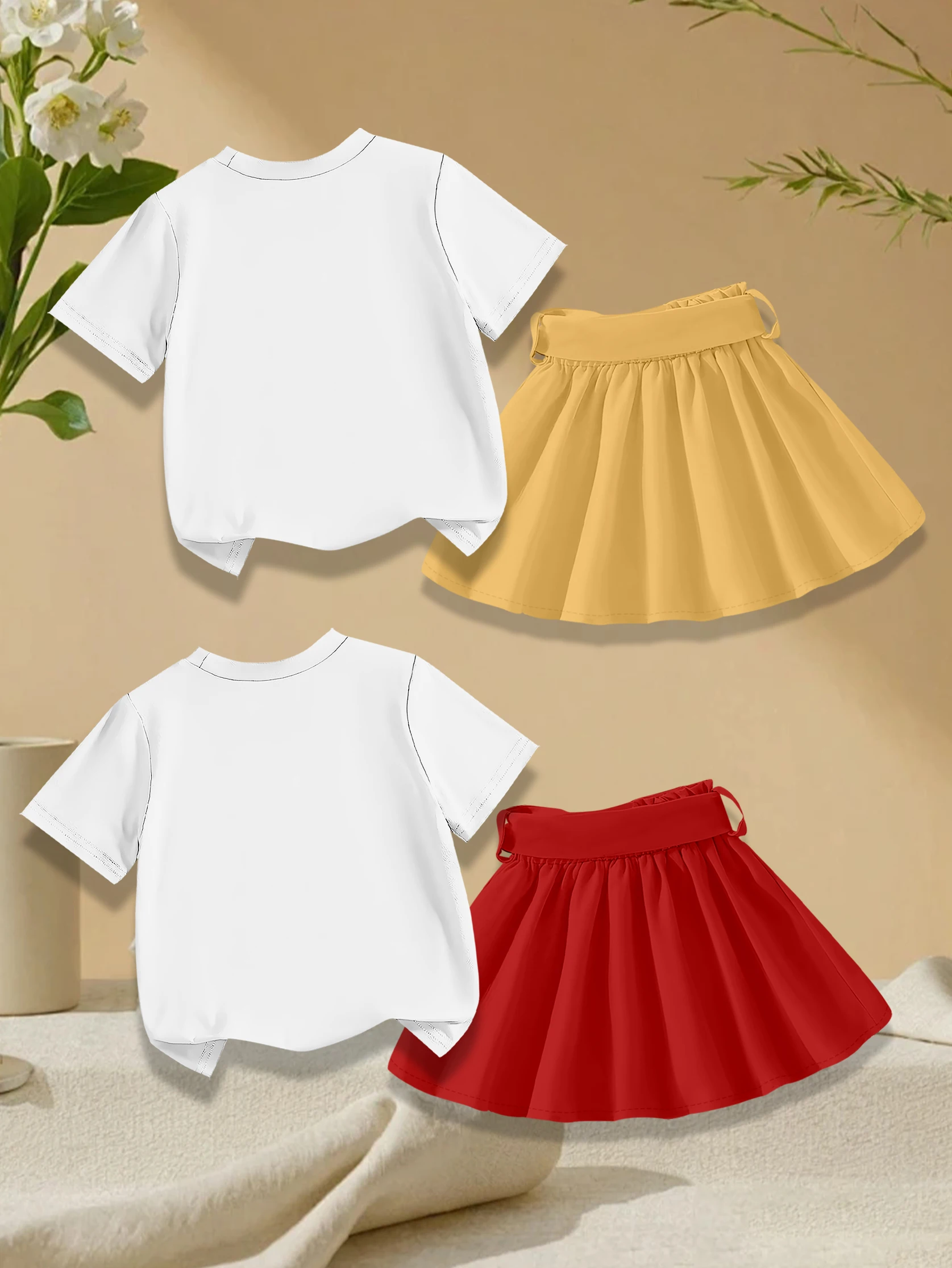 4 pieces: Valentine's Day Girls' Summer Sweet Cute T-shirt & Skirt Set - Cartoon Heart & Cherry Print