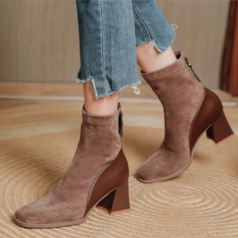 2025 Autumn Winter New Fashion Stitching Knitted Elastic Stockings Boots High-heeled Short Boots Women's Square Toe 39