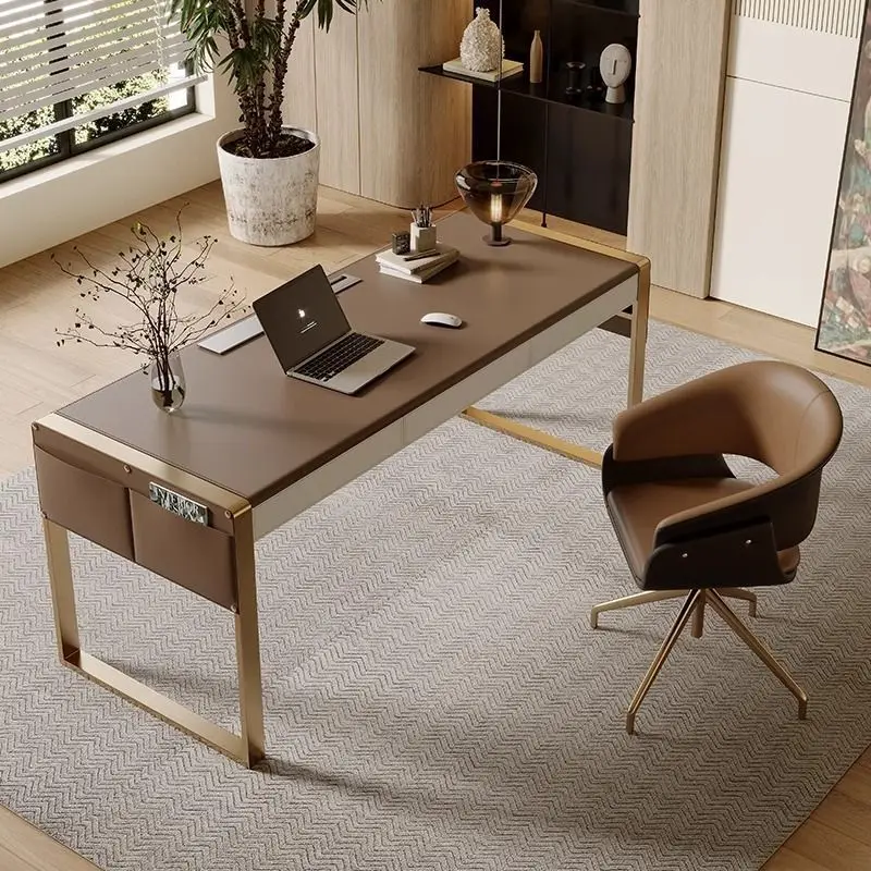 

Italian minimalist desk home study bedroom solid wood computer designer simple saddle leather desk