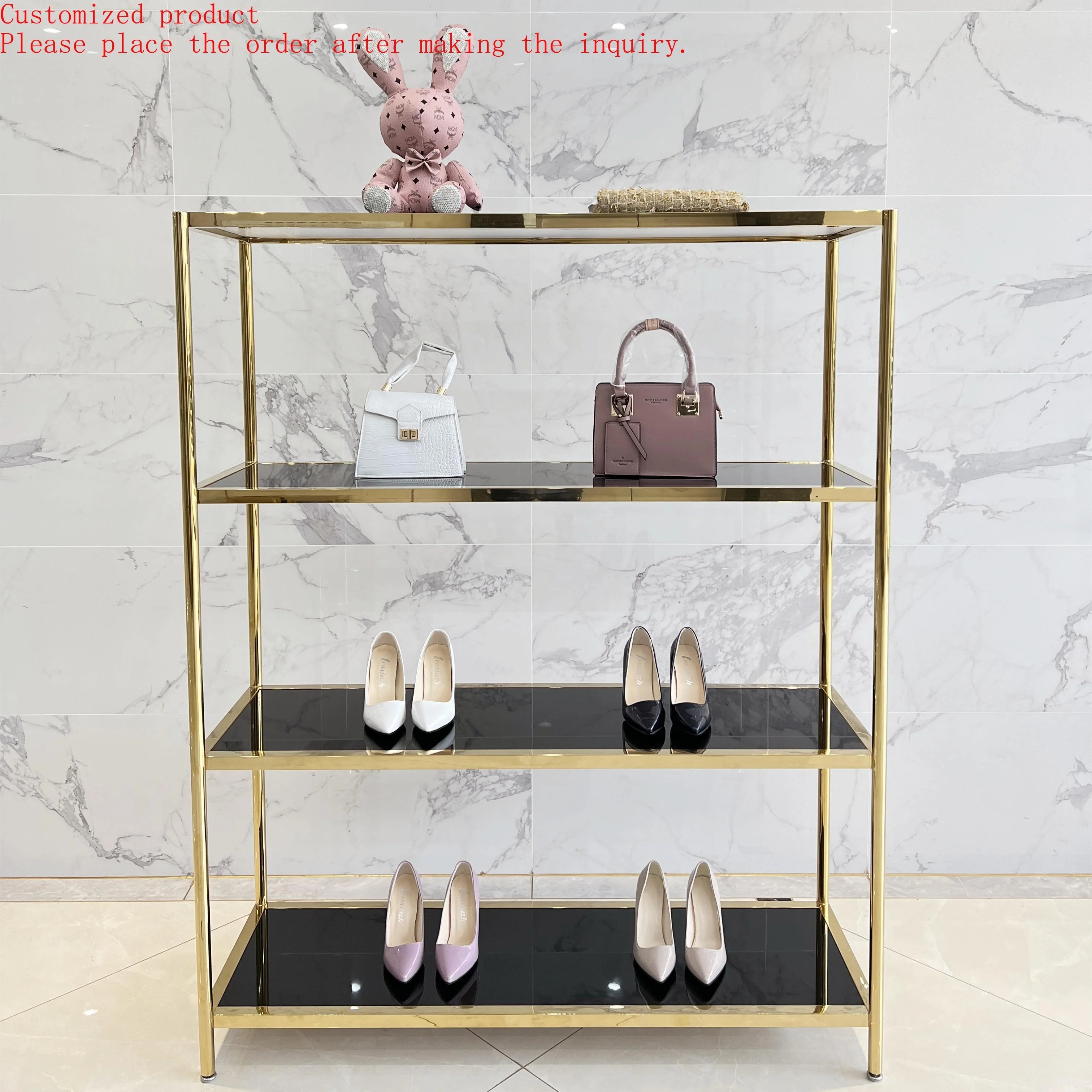 

Retail Modern Shoe Store Display Multifunction Galvanized Stainless Steel Gold Shoe Retail Display Shelves