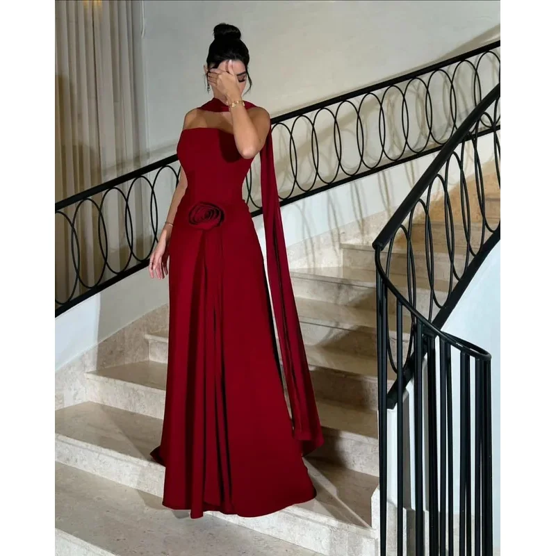 Indie Customized Saudi Sexy Red Prom Gown Women Strapless Floral Party Evening Dress 2025 Floor Length Special Occasion Dresses