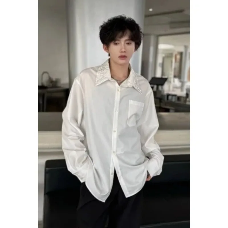 Men's Satin Korean Shirt Embellished Collar For Men Long Sleeve Casual Dress Hiphop Mens Streetwear Vintage Clothing