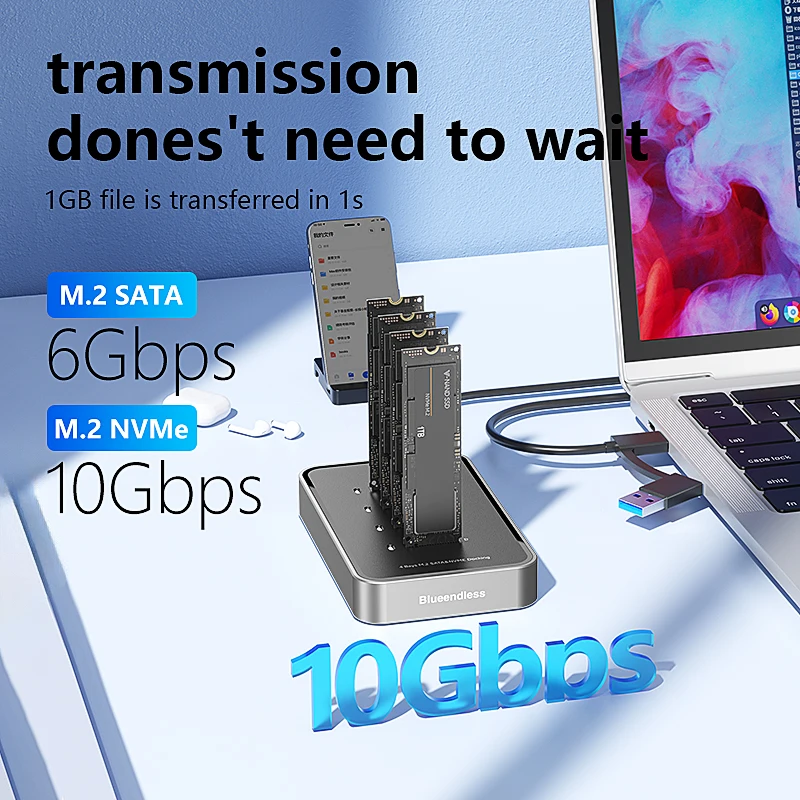 محطة إرساء Blueendless 4 Bay M.2 NVMe/SATA SSD من النوع C USB3.1 10Gbps m2 NVME PCie SATA ngff حافظة ألومنيوم SSD مزدوجة البروتوكول