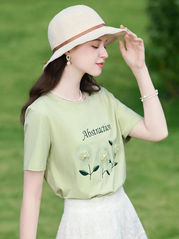 I BELIEVE YOU Green Flower Embroidery Short-sleeved Women T-shirts Blouse Female 2024 Summer New French O-Neck Tops 2242015692