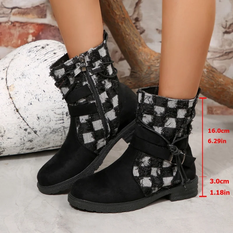 

2025Autumn and Winter New round Toe Side Zipper Lace-up Low Heel Fashion Boots Women's Large Size
