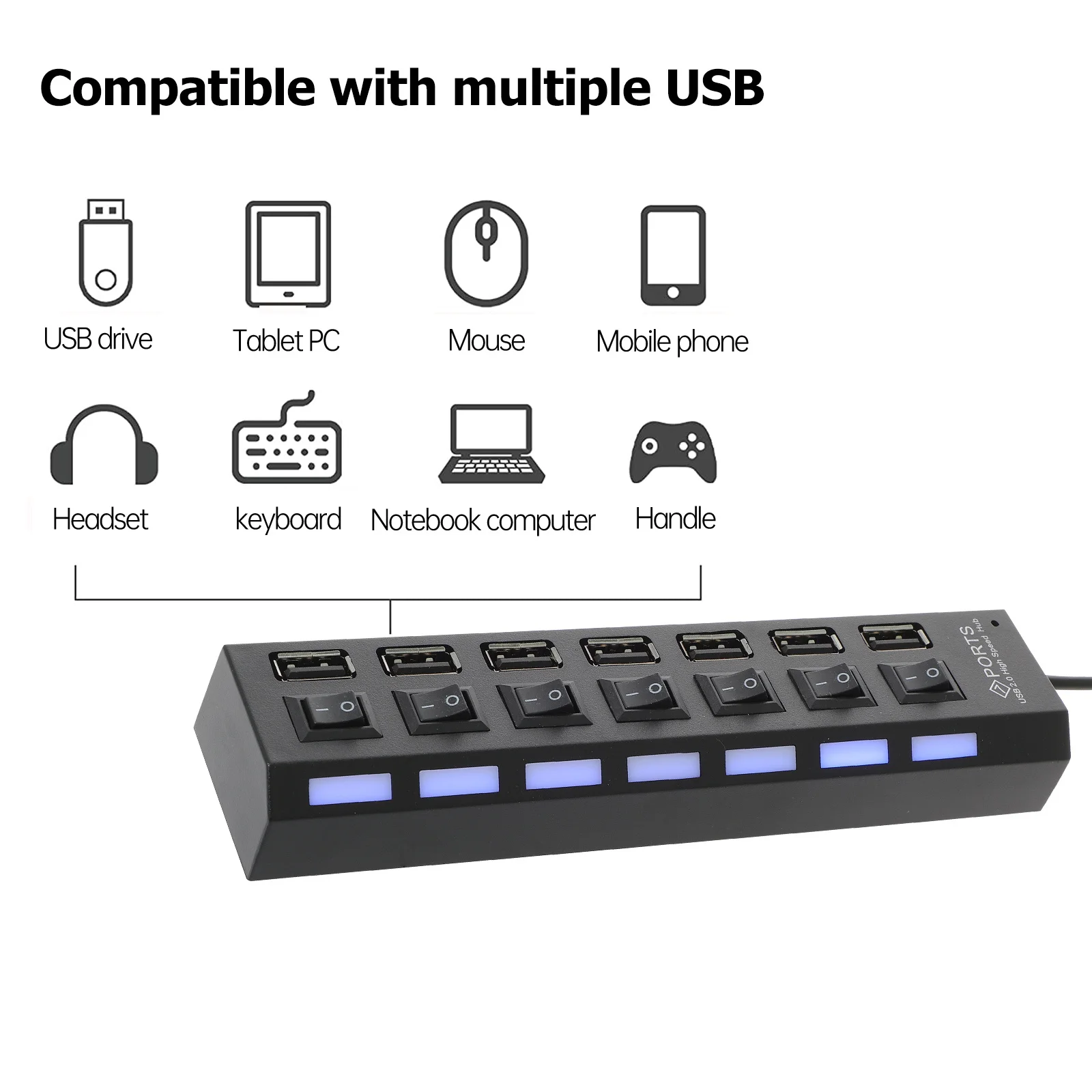 

7-Port USB Hub Multi USB Port Splitter for Laptop Computer Lightweight Travel Office Use Independent Safe Power Saving