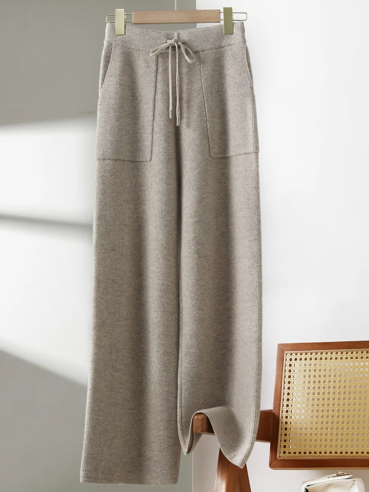 

Autumn Winter New Women Cashmere Wide-Leg Pants Elastic Waist Wool Pocket Pants 100% Merino Wool Thick Trousers Popular Slacks