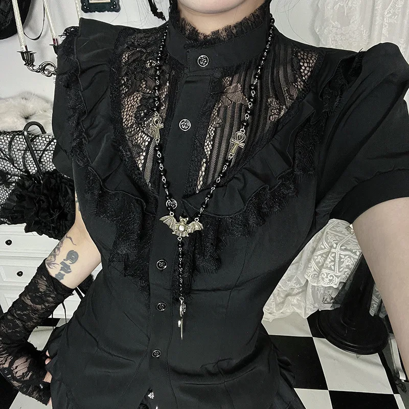 Chic Kant Patchwork Vintage Gothic Shirt Vrouwen Y2k Zwart Korte Mouw Japanse Lolita Shirts Donkere Zoete Outfits Zomer Nieuw