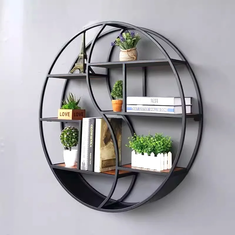 

Европейская гостиная, настенная полка из кованого железа, ретро креативная книжная полка из цельного дерева, перегородка, настенная декоративная круглая витрина