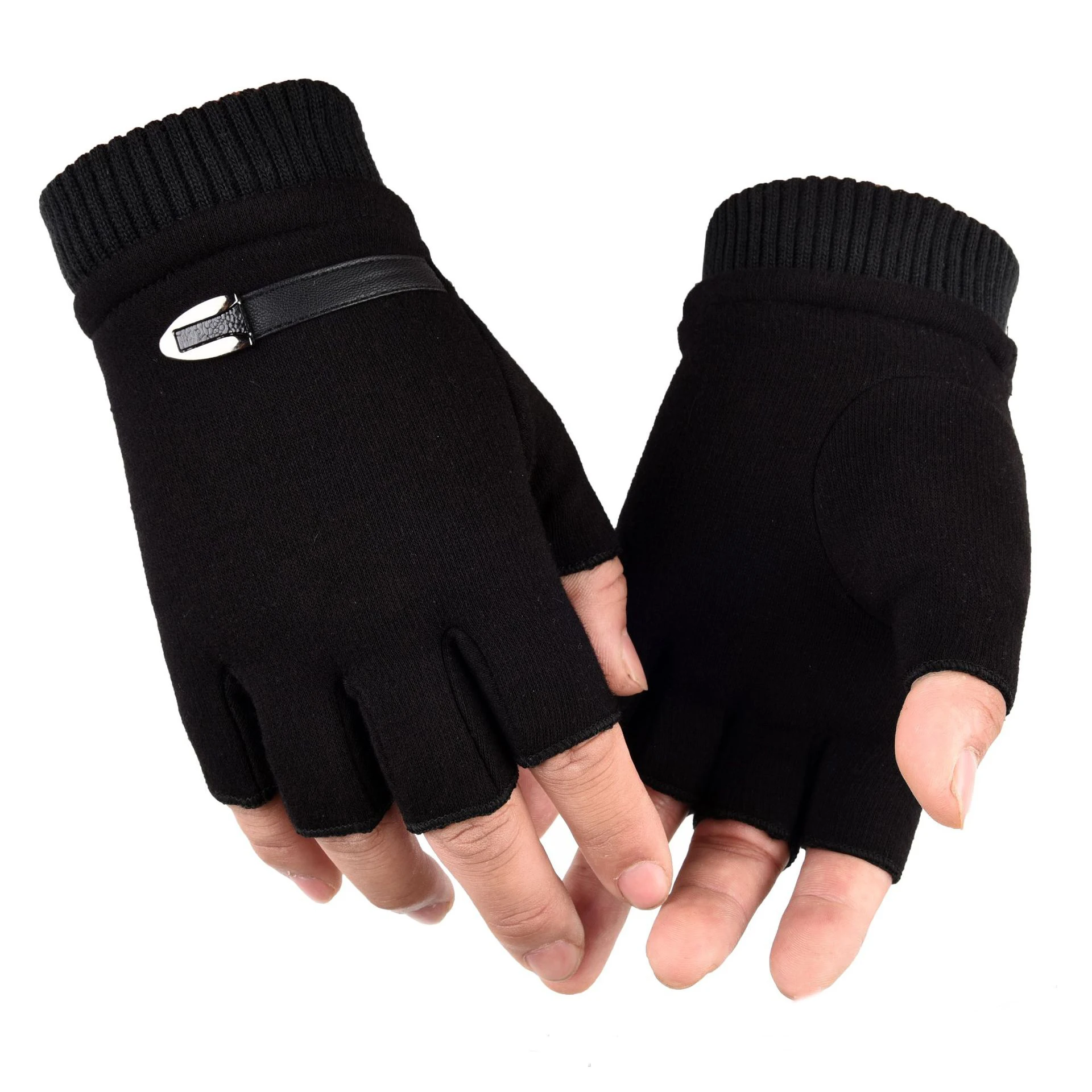 Man Autumn Winter Suede Plus Velvet Keep Warm Outdoor Sports Half-Finger Gloves Fashion Solid Elasticity Drive Cycling