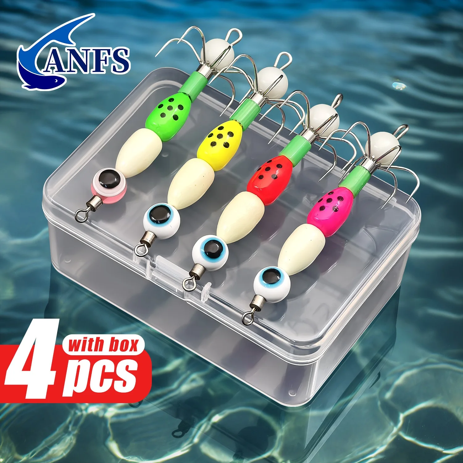 ANFS 4-teiliges Tintenfisch-Jig-Set mit Box-Glow in The Dark Kunstköder, perfekt für nächtliches Süßwasserangeln