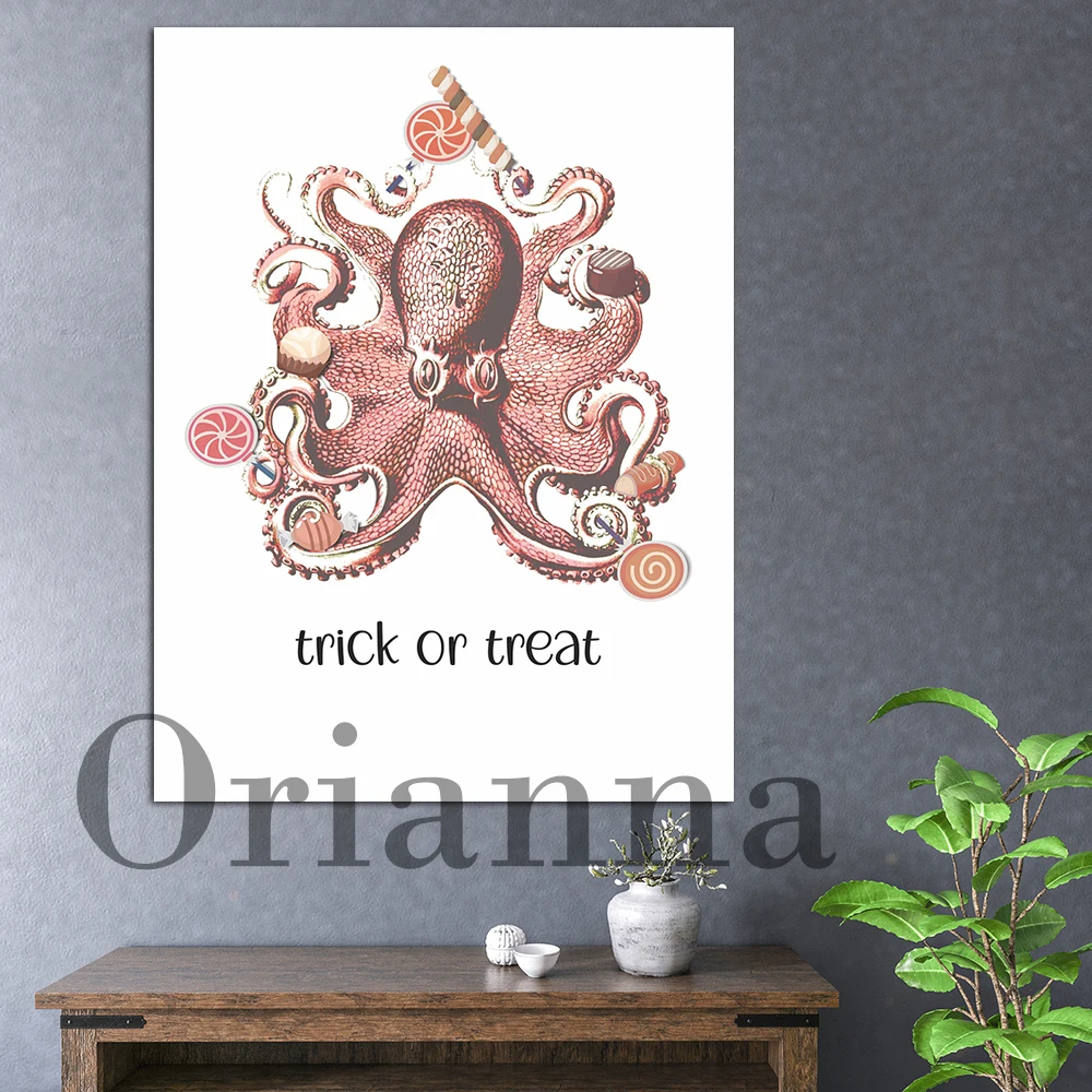 Boho Halloween Trick Or Treat Octopus Hd Prints Wall Art, Remixed Vintage Art, Halloween Candy, Canvas Painting Home Decor