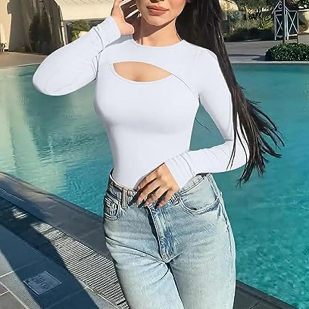 

Women Bodysuit Stylish Women's Hollow Bodysuit with Long Sleeves Round Collar Slim Fit Solid Color Leotard Top for Autumn