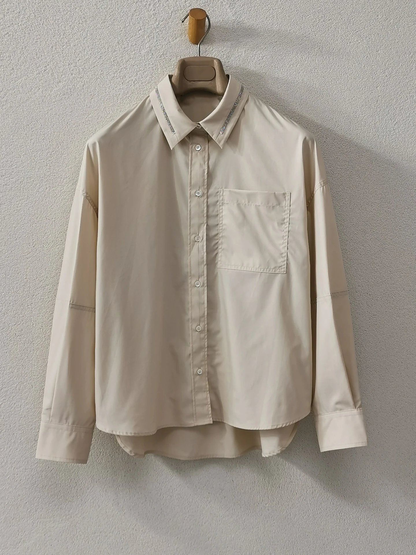 Loose Casual Shirt with Bead Chain, Pure Cotton, Long-Sleeved, Early Spring Commuter, New Product, 2024