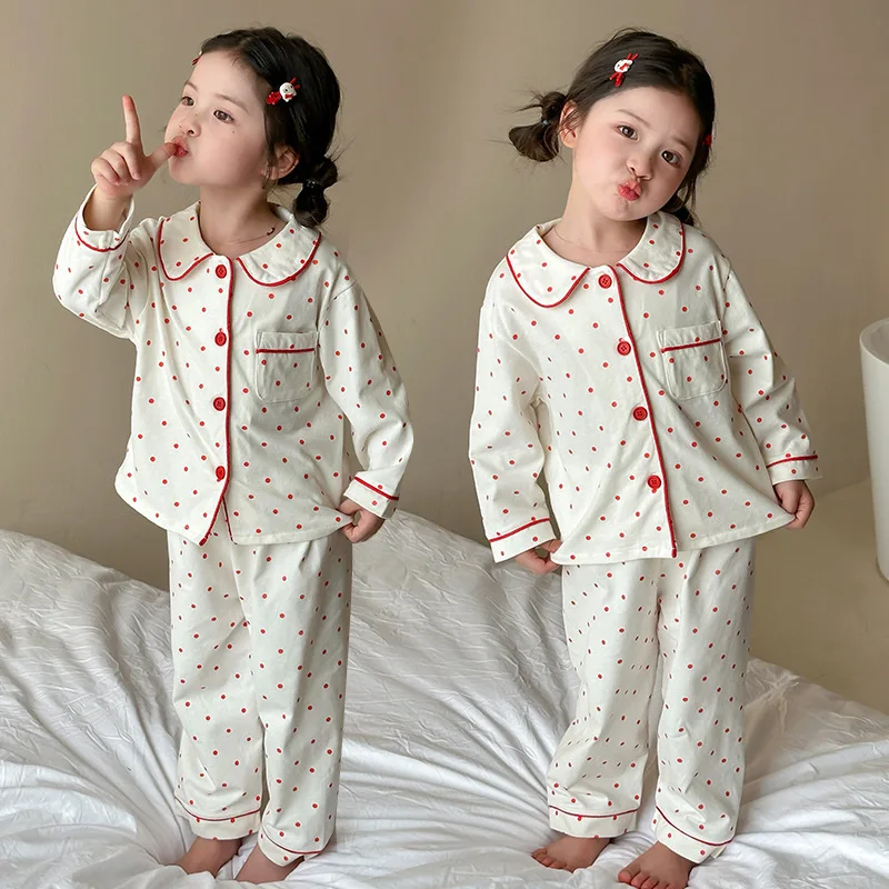 

Домашнее платье в красный горошек для маленьких девочек, однобортный топ с длинными рукавами и брюки, пижамный комплект из 2 предметов, весенне-осенняя повседневная домашняя одежда