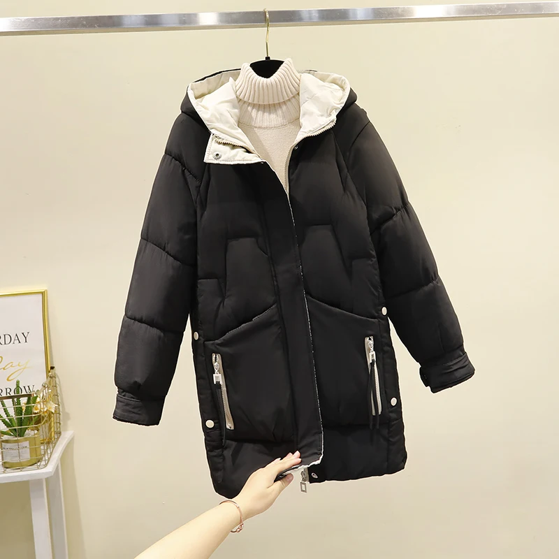 2025 Women\'s Winter Down Cotton Coat Mid-Length New Slim Chic Padded Jacket Thick Warm Parkas Hooded Vintage Outerwear Female