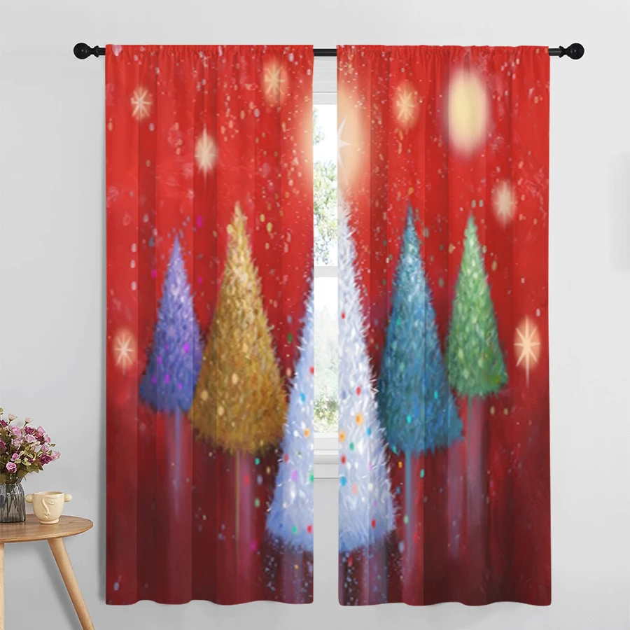 2PCS Christmas Curtains, Colorful Tree Starlight Red, Digital Print, Bedroom Living Room, Rod Pocket Polyester, Home Decor