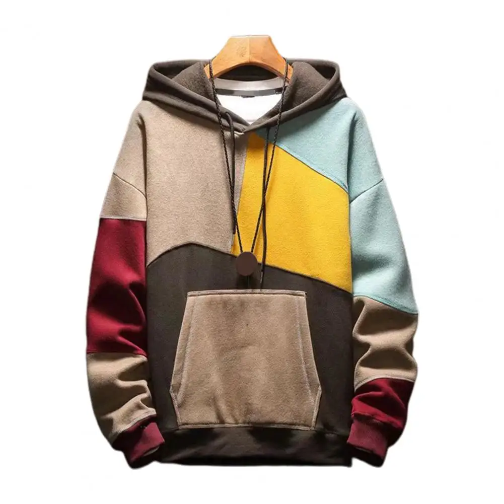 

Young Style Men Autumn Winter Hoodie Hat Thermal Color Matching Thin Fleece Big Pocket Hooded Oversized Hoodie