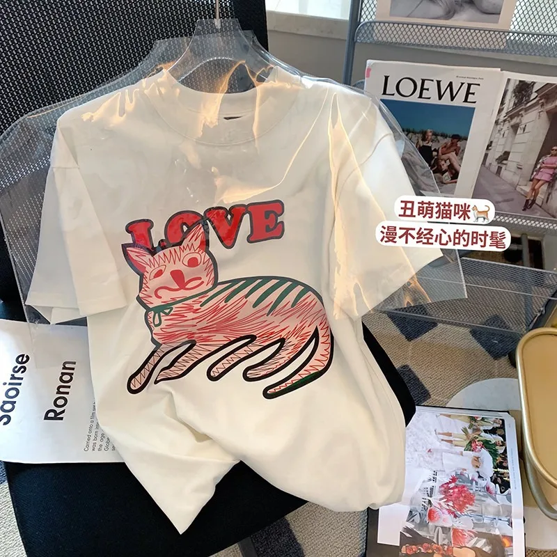 Estate 2023 nuova t-shirt femminile cartone animato gatto lettera stampa a maniche corte femminile sciolto bianco Casual t-shirt Harajuku carino Top