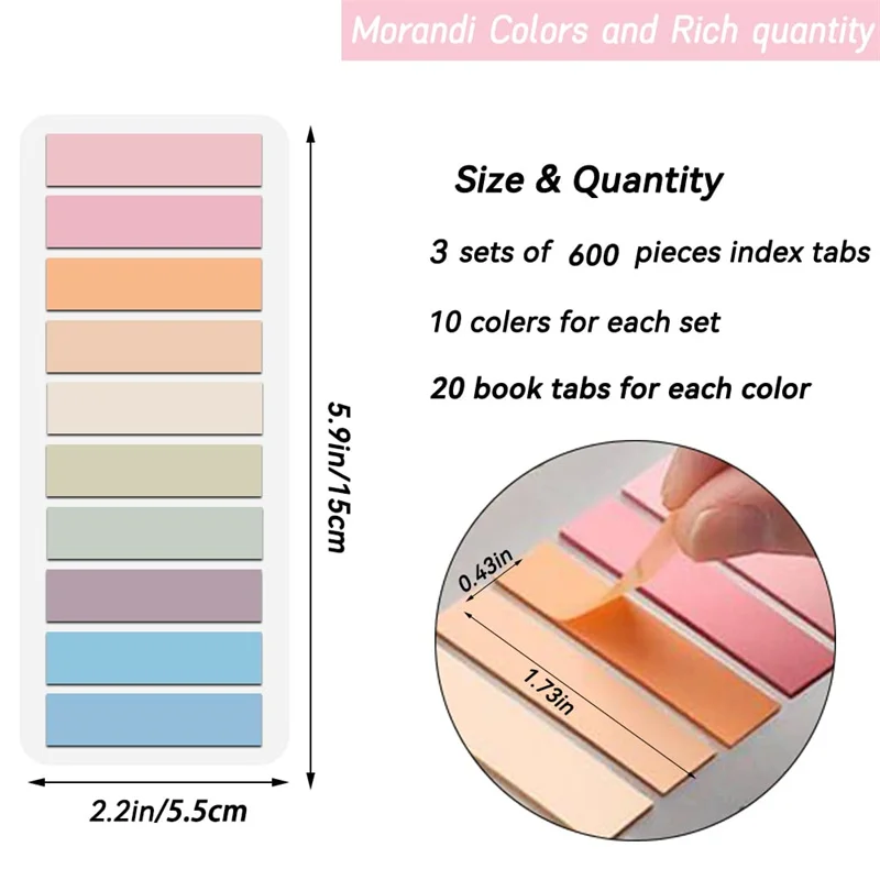 3 Pack 600 Pcs Page Markers Sticky Note Page Labels, Reusable File Index Sticker Tabs, Waterproof File Flags, Morandi Stickers