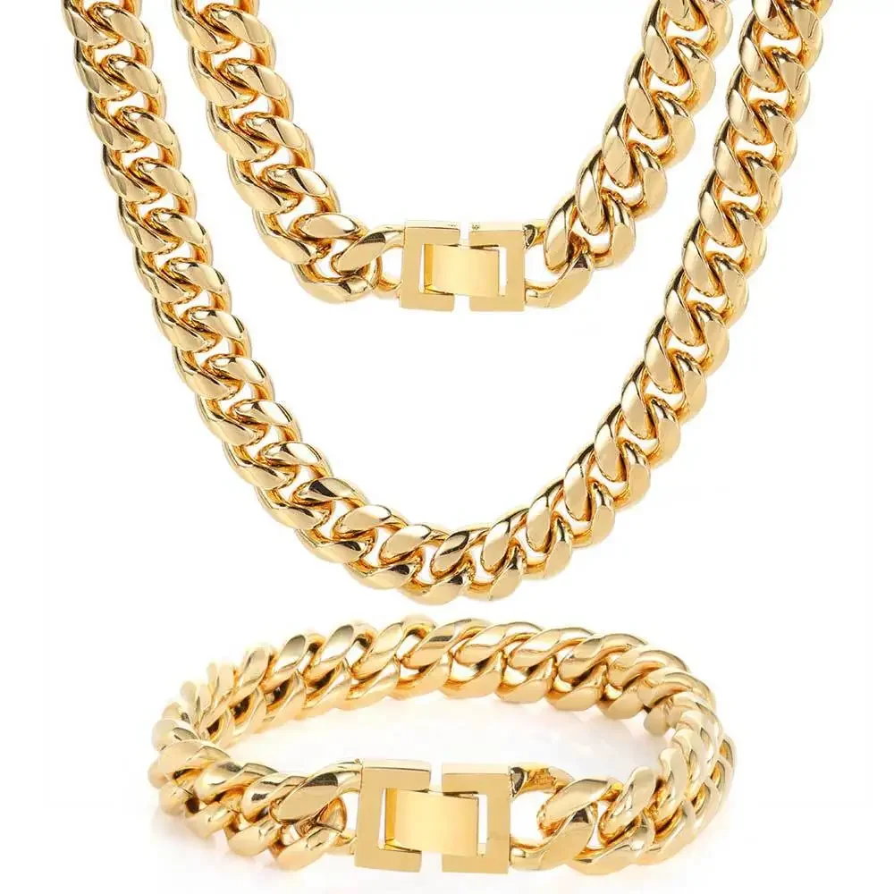 

RQ Titanium Cuban Link Cadena de oro Mens Miami Stainless Steel 14k 18k Gold Plated Chain Necklace Cuban Link Chain for Man