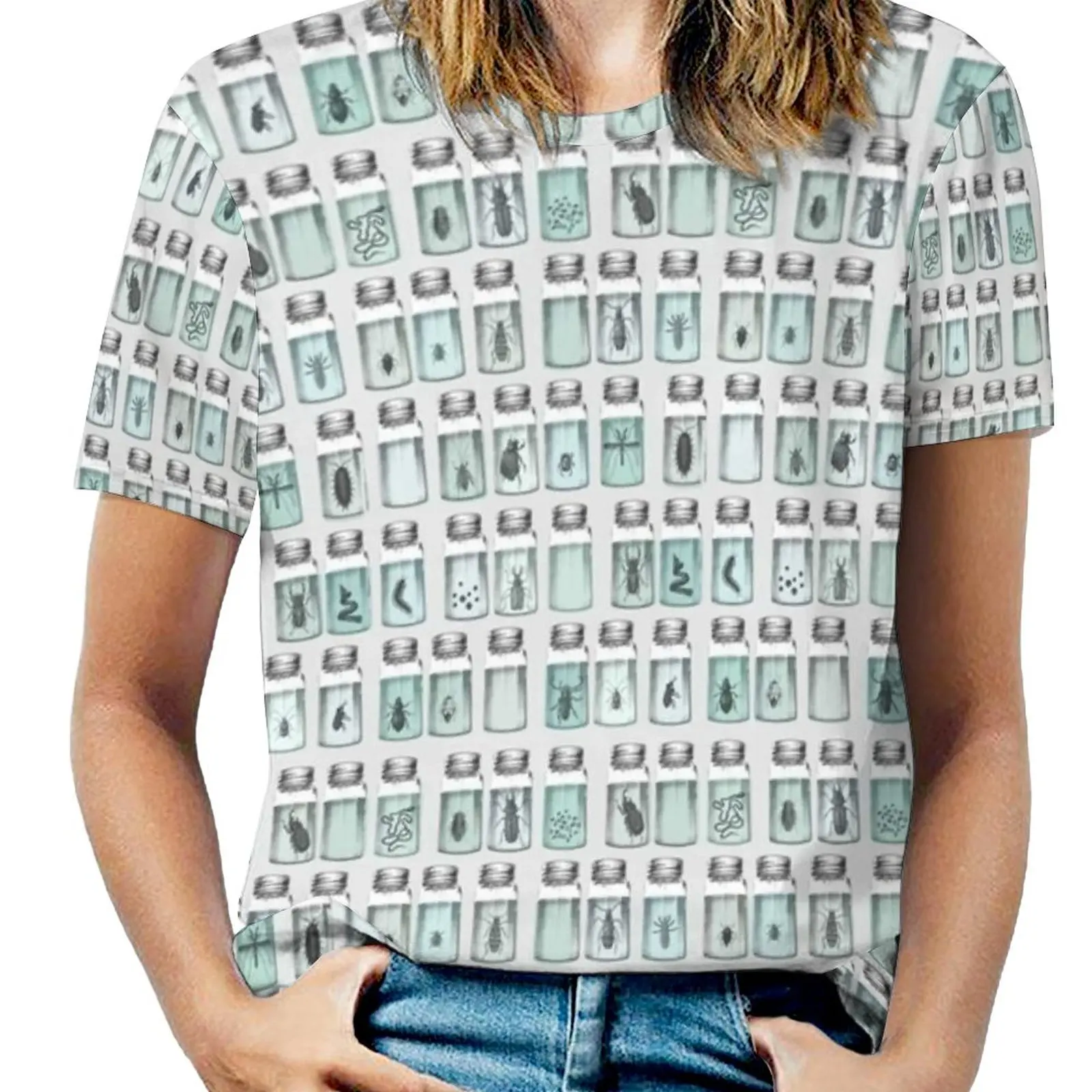 Camiseta con estampado de Beetle Bottles para mujer, ropa de primavera y verano, jersey de cuello redondo, tarros superiores escarabajos, Aqua Celadon verde