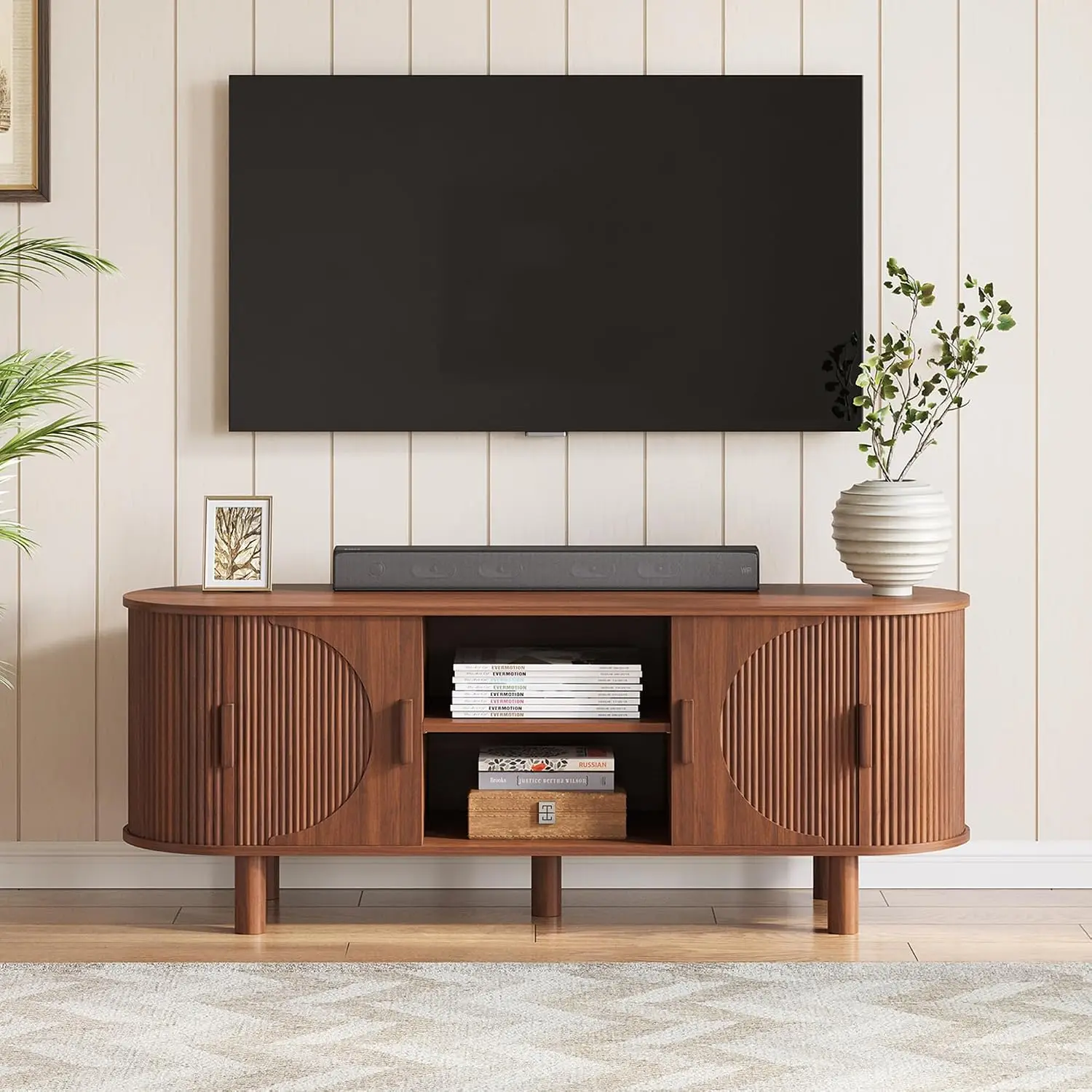 Mid Century Modern TV Stand with Fluted Sliding Doors for Living Room 55 Inch, Customized