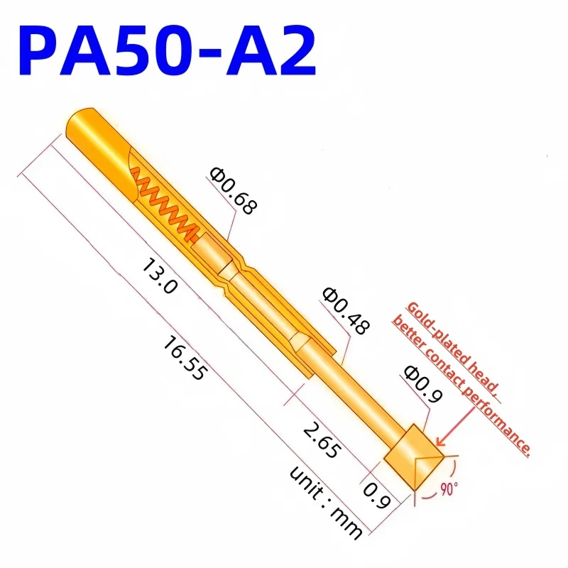 20/100PCS PA50-A2 Spring Test Probe PA50-A Test Pin Test Tool 16.55mm Dia0.68mm Gold Needle Tip Dia 0.9mm Pogo Pin P50-A P50-A2
