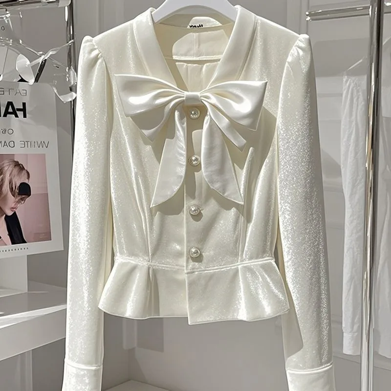 Limiguyue New Elegant White Velvet Blouse High End V-neck Bow Tops Autumn Women Pearl Button French Small Shirt Office Lady 391P