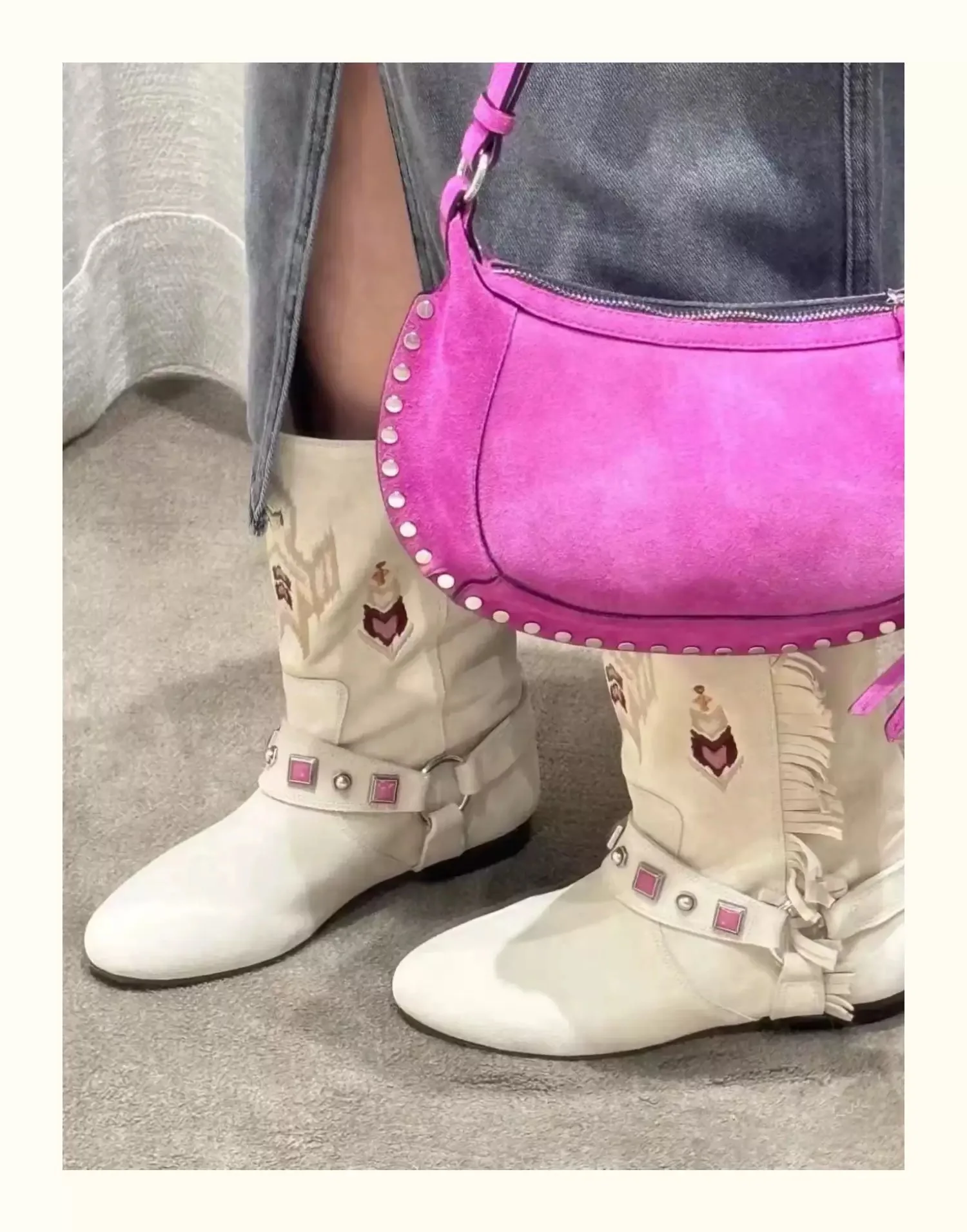 2025 New Suede White Floral Embroidery Tassel Rivets Buckle Fashion Ankle Boots Low Heel Round Toe All-match Midcalf Boots Women
