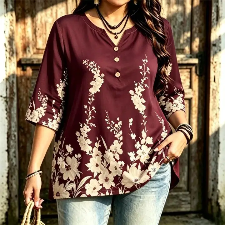 Women V Neck 3/4 Sleeve T Shirt Floral Print Curved Hem Casual Loose Fit Tops Vintage Botanical Flower Pattern Tees