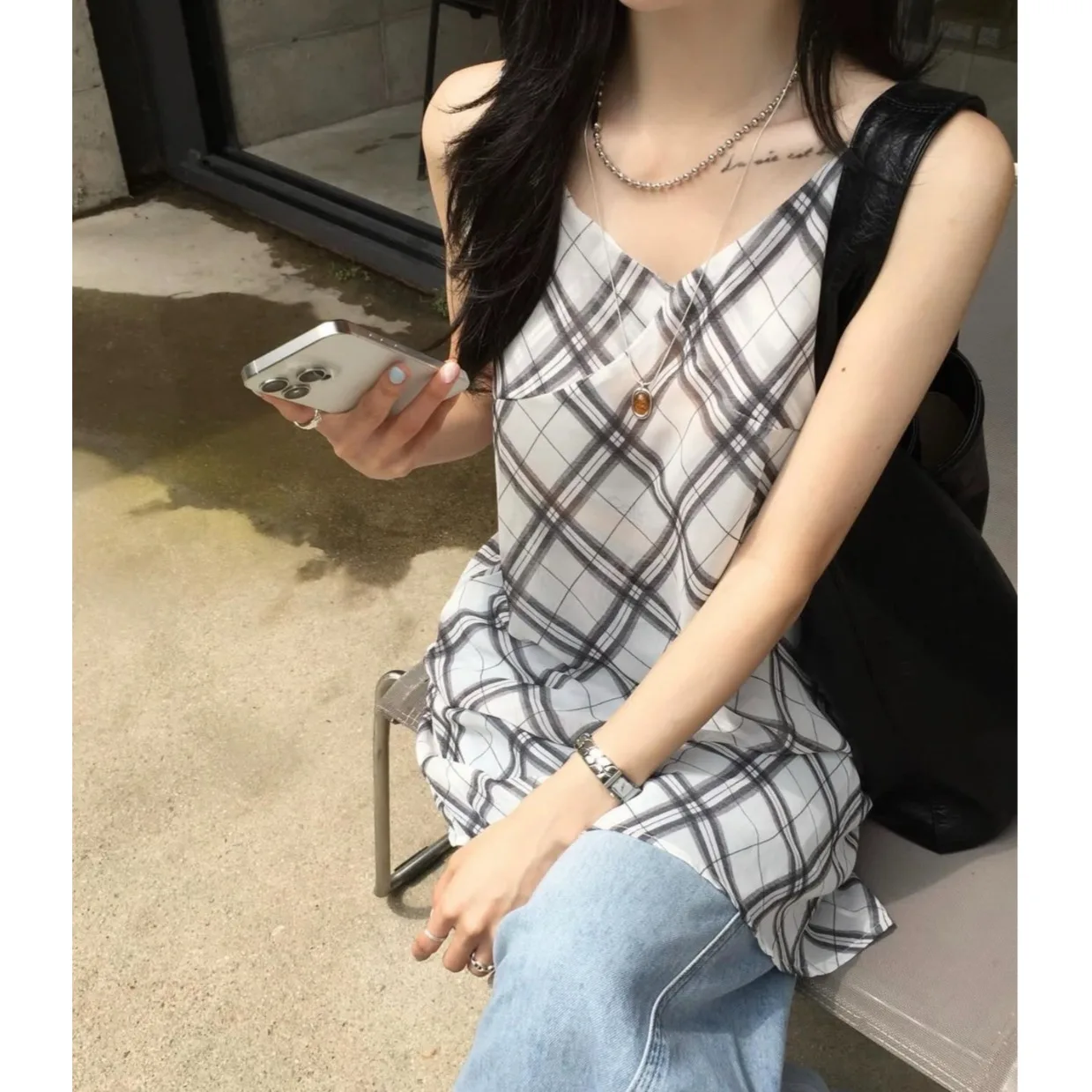

Retro Plaid Halter Dress Women Slimming Personality Top Trendy Inner Wear Spring Autumn Winter Korean Style Street Fashion