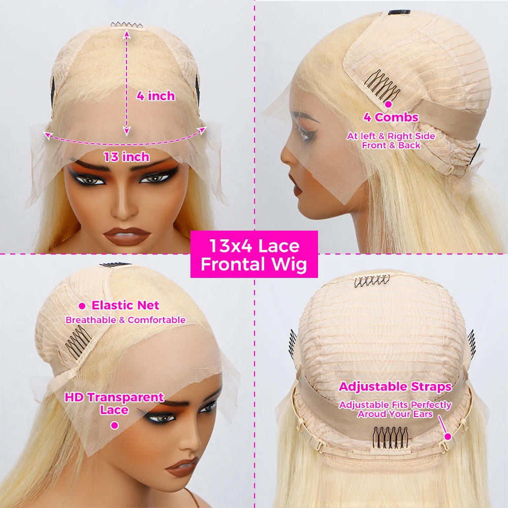 Perruque Bob Lace Front Wig Naturelle Courte et Lisse, Cheveux Humains, Blond 613, 13x4, pour Femme