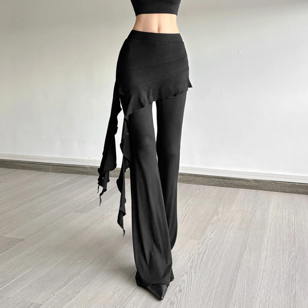SylCue Satin Surface Patchwork Pant Women High Waist Skinny Hip-Covering Ribbons Asymmetrical Design Street Casual Simple Bottom