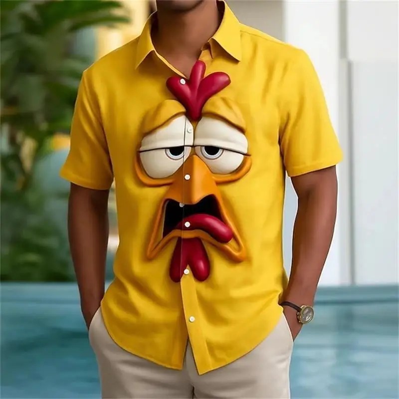 Hawaiian Men's Shirts Funny Animal Face Shirt For Men New Fashion Cartoon Rooster Wolf Face Casual Vintage Harajuku Blouse