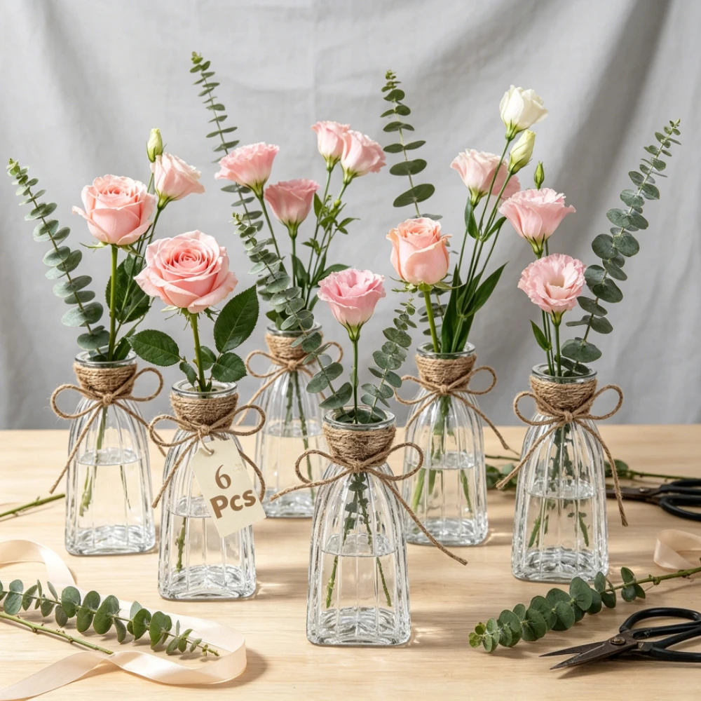6/10/12Pcs Mini Clear Glass Bud Vases Vintage Embossed Bud Vase for Floral Arrangement Wedding Table Home Office Decor