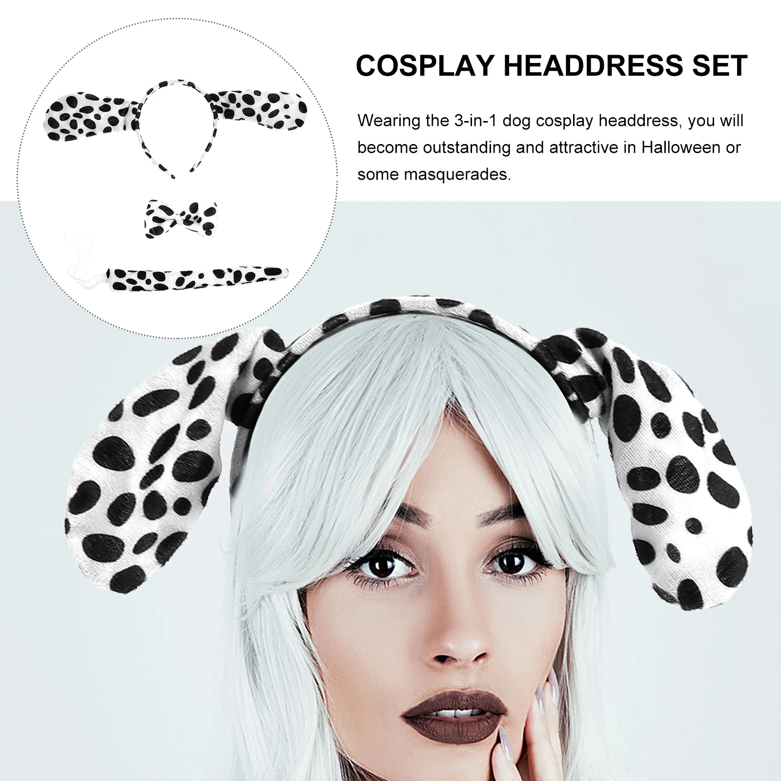 Animal Cosplay Traje para Criança, Orelhas de Dalmácia Cauda, Acessórios Dálmatas, Festa Headband, Chapéu Roupas, 3 Conjuntos