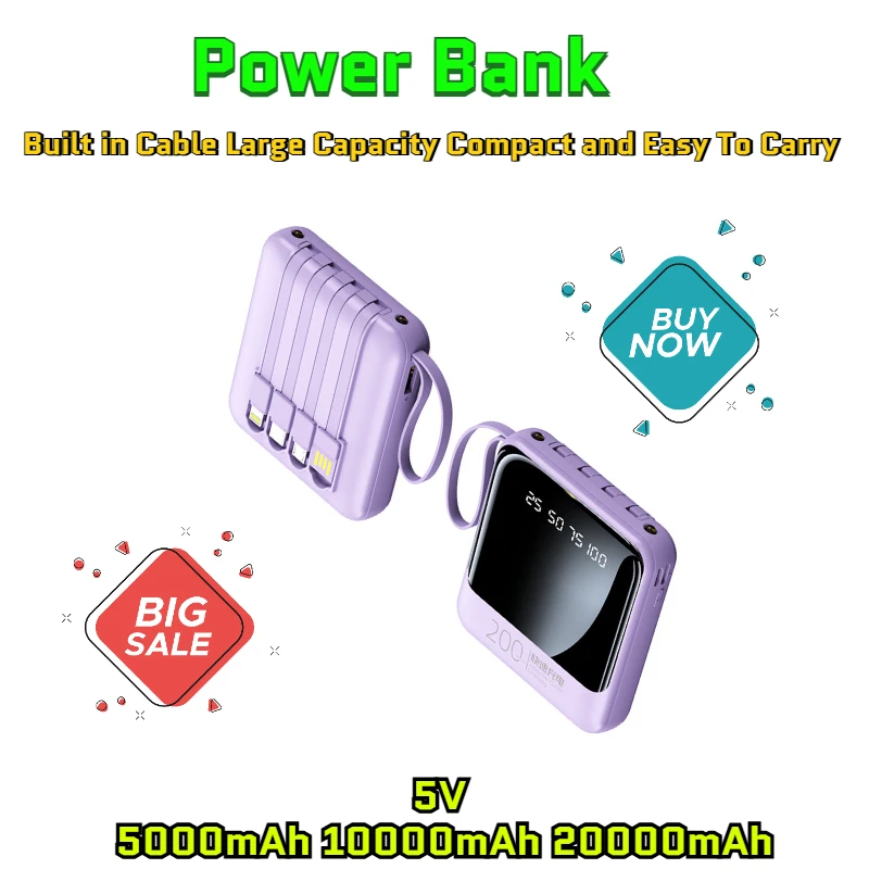 

5V 5000mAh 10000mAh 20000mAh Portable Power Bank with Built in Cable Large Capacity Compact and Easy To Carry