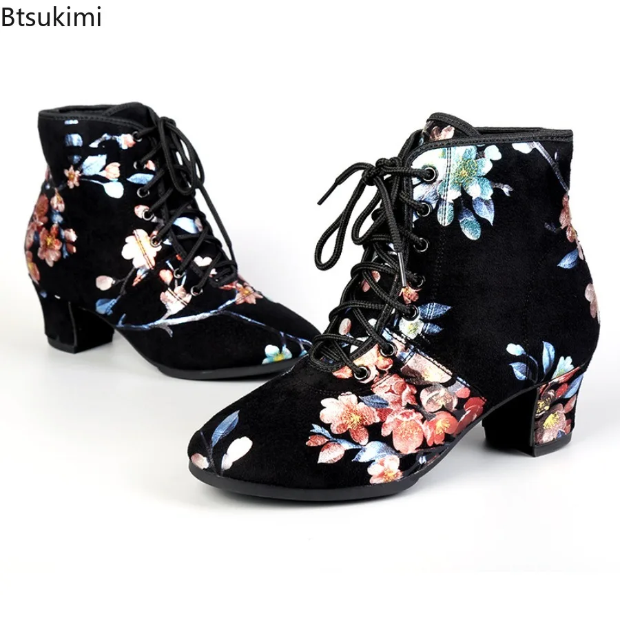 Botas de baile para mujer, tacones medios, botas Chelsea para mujer, zapatos de baile de graduación, tacones de baile latino, botines de gamuza con estampado para mujer