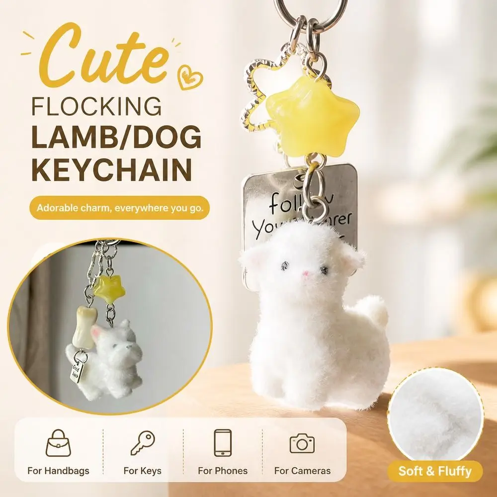 Gifts White Flocking Lamb Keychain with Yellow Star Soft Flocking Dog Keychain Lamb/Dog Dog Hanging Ornament Handbag Charm
