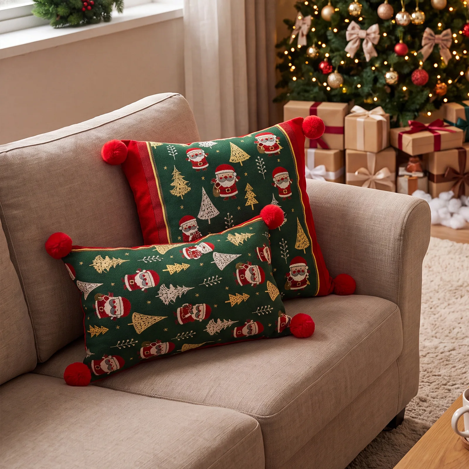 Weihnachtsroter Jacquard-Kissenbezug mit Cartoon-Elch- und Schneeflocken-Motiv, Plüsch-Sofadekoration, Kissenbezüge 45x45cm – Detail 7