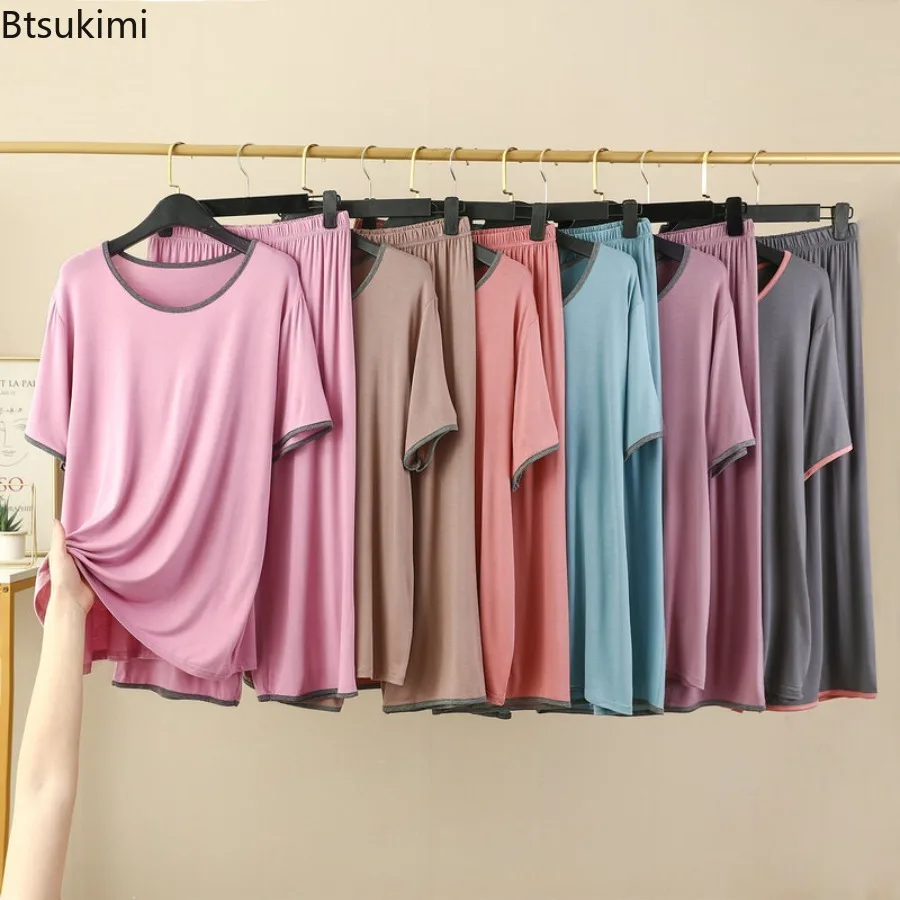 New Summer Women's Modal Pajamas Set Short-Sleeved Round Neck Tops and Cropped Pants Two-piece Set Casual Loose Sleepwear Set