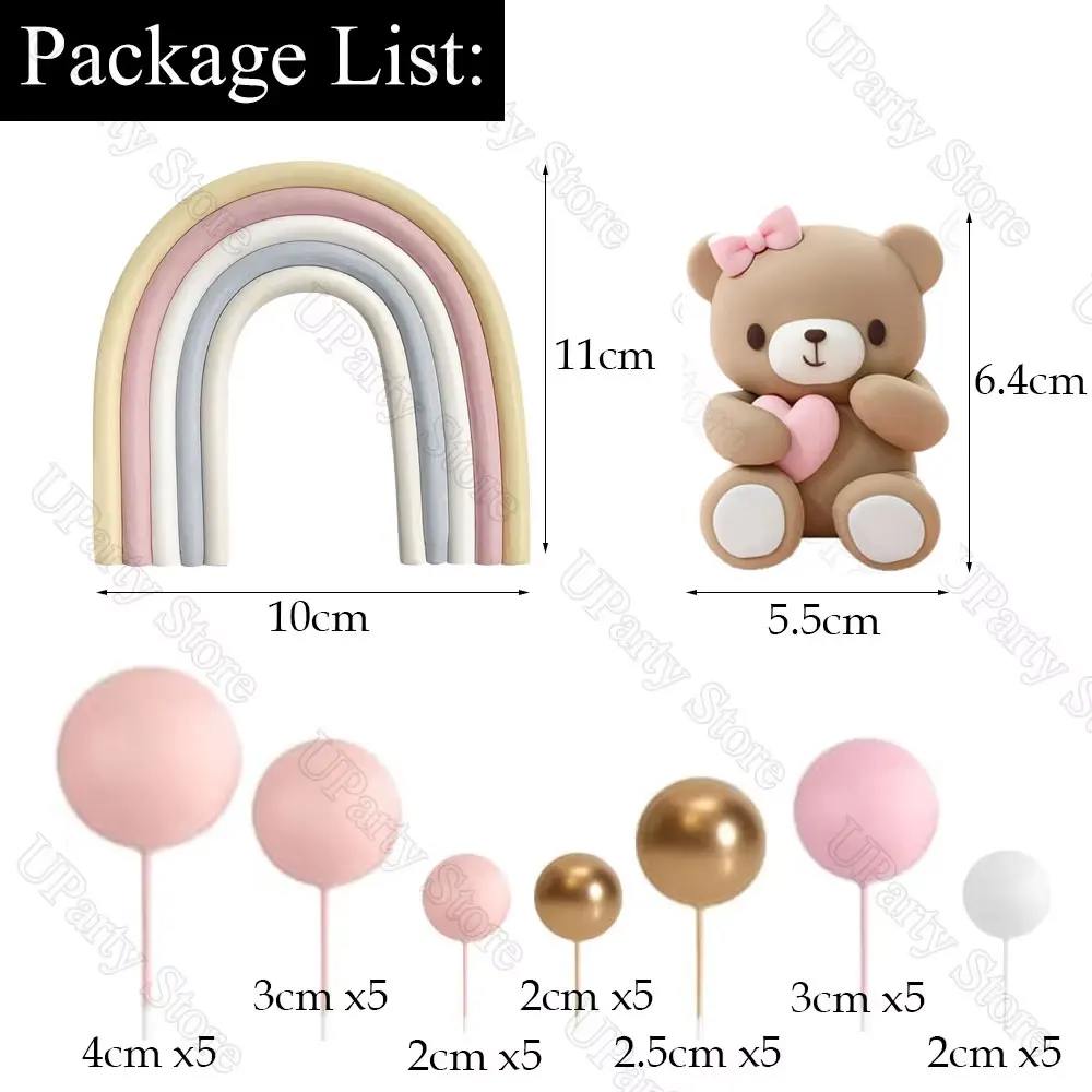 1 Set Pink Bear Cake Toppers Boho Rainbow Nude Baby Pink Balls Cake Decorations for Birthday Baptism Baby Shower Party Favor
