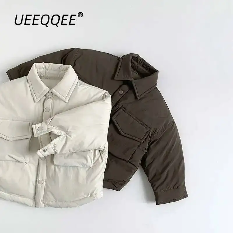 

Осенне-зимние детские пуховики для мальчиков от 1 до 8 лет, теплые однотонные пальто с карманами и пуговицами, корейская верхняя одежда для малышей, топы для детей, одежда, новинка