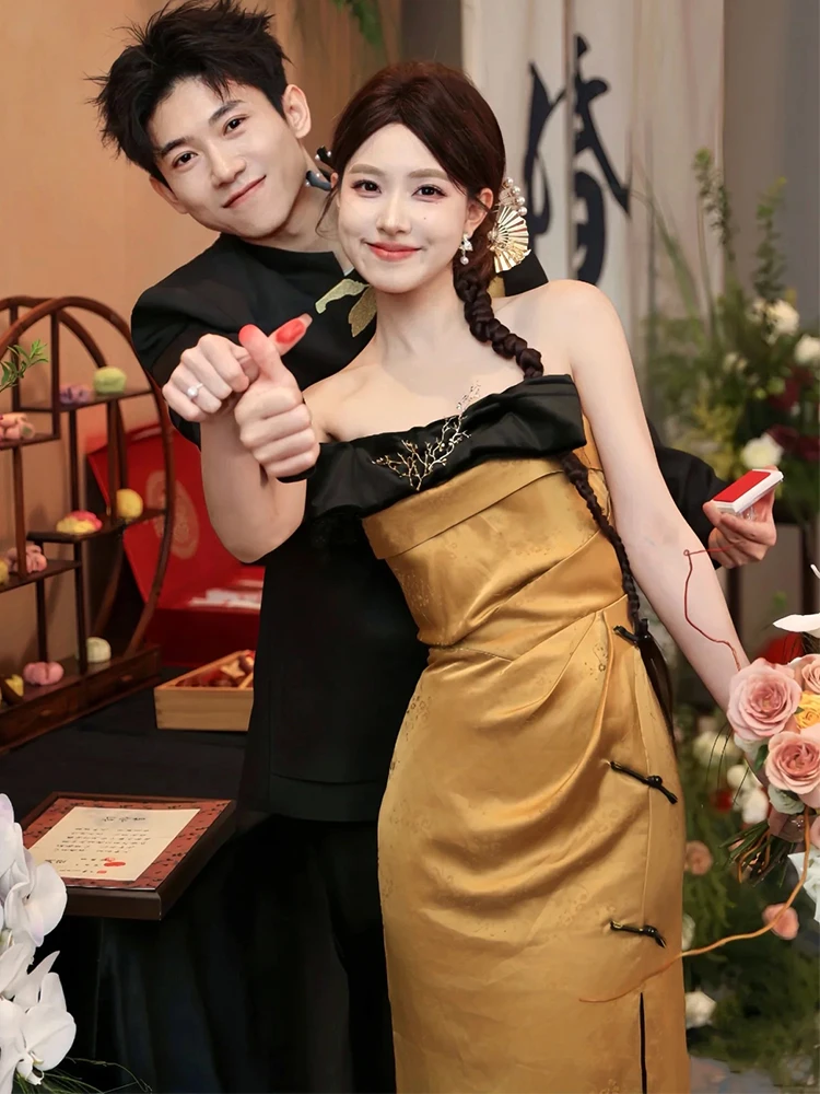 

Ele Morning Robe Bridal Gown with Strapl Fi Tail Design for Engagement Parties High Waist Long Dr Luxury Sle