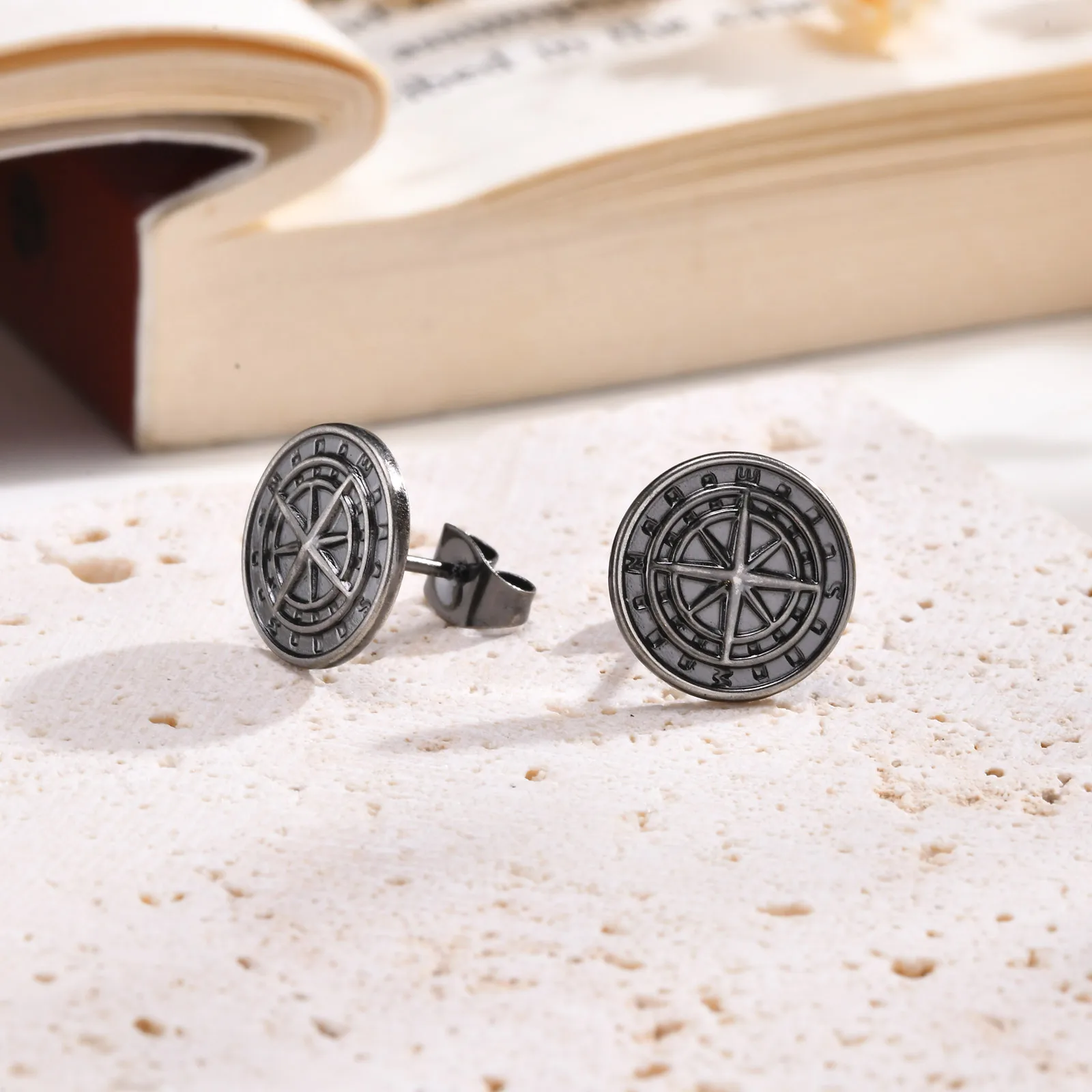 12MM Gothic Norse Viking Runes Stud Earrings for Men Boys,Rock Punk Stainless Steel Compass Earrings Gift,Fashion Charm Jewelry