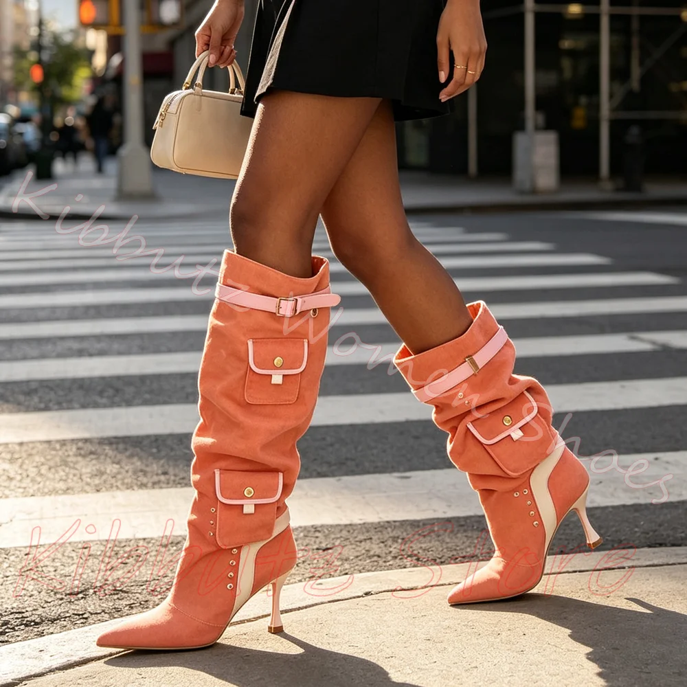 Multi Pocket Slouch Boots Knee High Pointed Toe Stiletto Women Buckle Strap Side Streetwear Y2K Fashion Ladies Footwear Concise