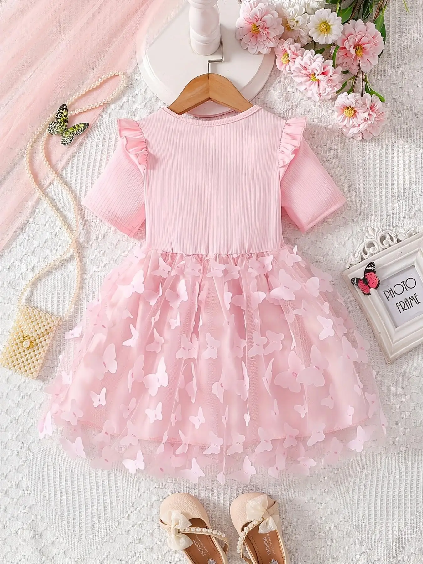 Girls Pink Tulle Dress, Q Version K-POP Cartoon Print Ribbed Flutter Sleeve Big Bow 3D Butterfly Tutu Dress