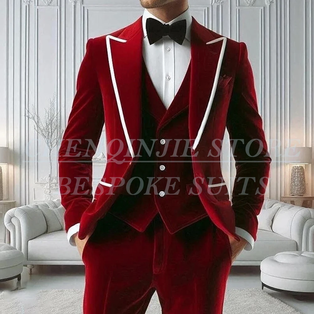 

Luxury Men's Suits Formal Red Velvet One-Button Peak Lapel Slim Fit 3 Piece Jacket Pants Vest Male Clothing Wedding Blazer Sets